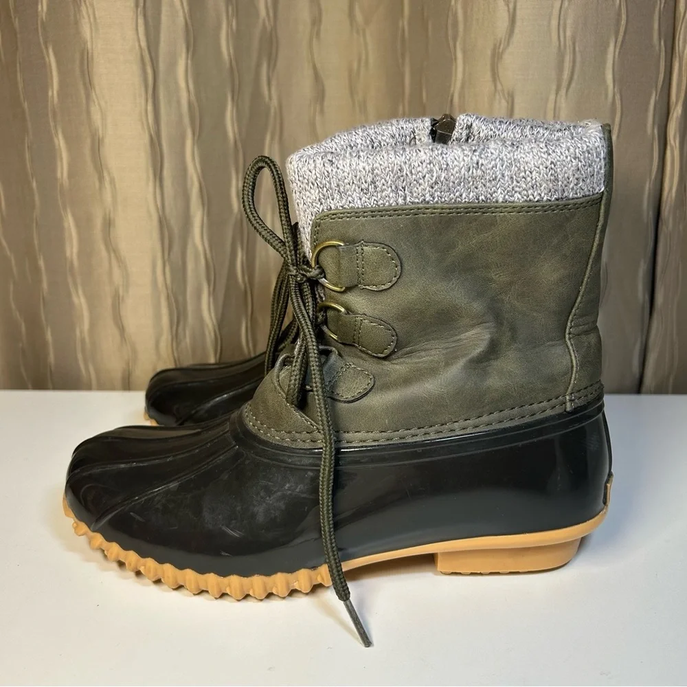 Sporto Lauren Women's 5.5 Ankle Duck Boot Black Olive Gray Knit Side Zip